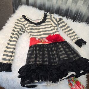 Giggle Moon Gray & Cream Striped Tulle Dress